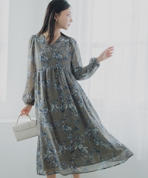 nissen(ニッセン)の「花柄シフォンウエスト切替ワンピース(ウォッシャブル素材)(ワンピース・レディース・モカ/ブラック・M/L/LL/PS/PM/PSS/T3L/TLL/TL/TM)」の2枚目の写真