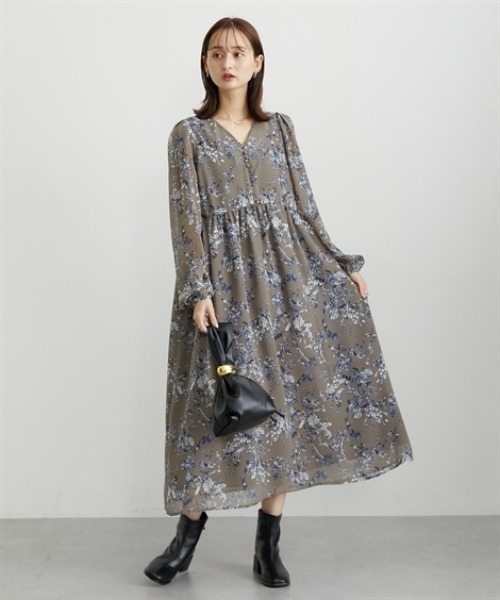 nissen(ニッセン)の「花柄シフォンウエスト切替ワンピース(ウォッシャブル素材)(ワンピース・レディース・モカ/ブラック・M/L/LL/PS/PM/PSS/T3L/TLL/TL/TM)」の3枚目の写真