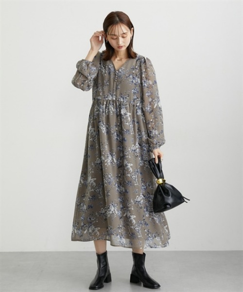 nissen(ニッセン)の「花柄シフォンウエスト切替ワンピース(ウォッシャブル素材)(ワンピース・レディース・モカ/ブラック・M/L/LL/PS/PM/PSS/T3L/TLL/TL/TM)」の4枚目の写真