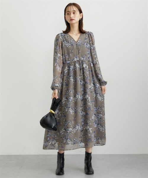 nissen(ニッセン)の「花柄シフォンウエスト切替ワンピース(ウォッシャブル素材)(ワンピース・レディース・モカ/ブラック・M/L/LL/PS/PM/PSS/T3L/TLL/TL/TM)」の5枚目の写真