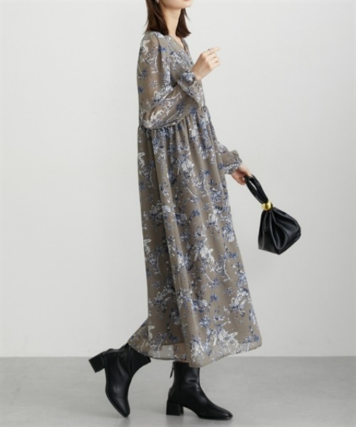 nissen(ニッセン)の「花柄シフォンウエスト切替ワンピース(ウォッシャブル素材)(ワンピース・レディース・モカ/ブラック・M/L/LL/PS/PM/PSS/T3L/TLL/TL/TM)」の9枚目の写真