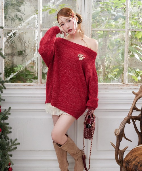 セール】ブローチ付きモールミニワンピース（ニット/セーター）｜one