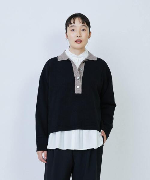 LOISIR（ロワズィール）の「ウール天竺ポロニット（ニット/セーター・レディース・ブラック/オフホワイト・FREE）」の2枚目の写真