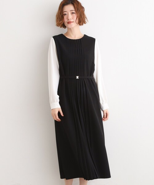 grove(グローブ)の「【手洗いOK】フロントプリーツ袖コンシャスワンピース(ワンピース・レディース・ネイビー/ブラック/ナチュラル・02/03/01/04/05)」の1枚目の写真