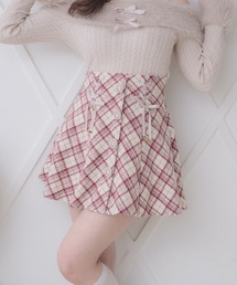 ビジューボタンチェックミニスカート