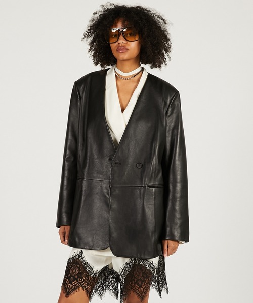 PRANK PROJECT（プランクプロジェクト）の「【2026Spring Pre-Order】ラムレザーノーカラージャケット / Lamb Leather No-Collar Jacket（ノーカラージャケット・レディース・ブラック/ブラウン・FREE）」の9枚目の写真