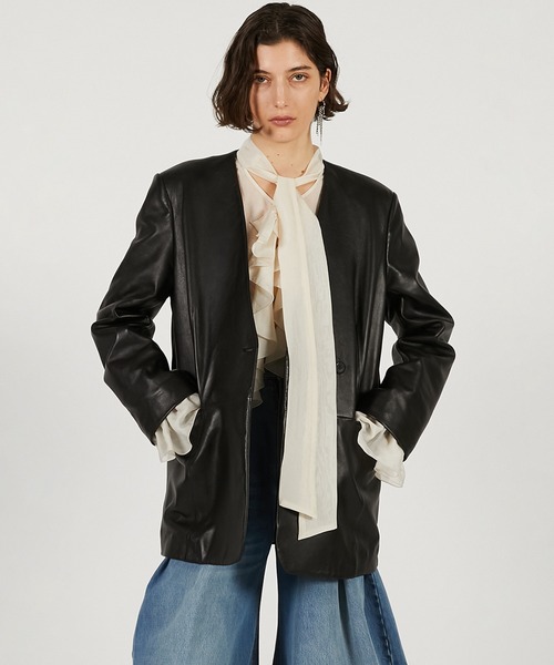 PRANK PROJECT（プランクプロジェクト）の「【2026Spring Pre-Order】ラムレザーノーカラージャケット / Lamb Leather No-Collar Jacket（ノーカラージャケット・レディース・ブラック/ブラウン・FREE）」の8枚目の写真