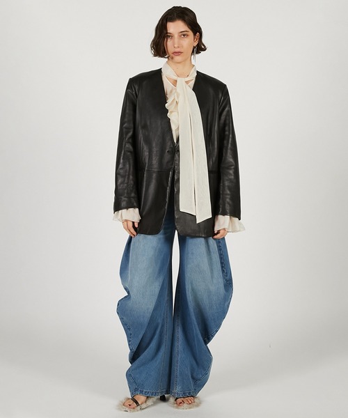 PRANK PROJECT（プランクプロジェクト）の「【2026Spring Pre-Order】ラムレザーノーカラージャケット / Lamb Leather No-Collar Jacket（ノーカラージャケット・レディース・ブラック/ブラウン・FREE）」の4枚目の写真