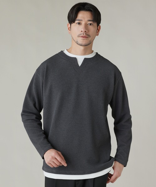 LIL VENDARS(リルヴェンダース)の「Buyer's Select/フクレジャガードキーネックフェイクレイヤード長袖Tシャツ(Tシャツ/カットソー・メンズ・ブルー/スミクロ/ライトグレー/ブラウン・M/L/LL)」の1枚目の写真