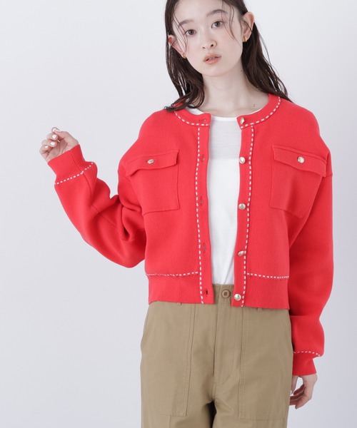 N.（N. Natural Beauty Basic）（エヌエヌナチュラルビューティーベーシック）の「ステッチニットジャケット（カーディガン/ボレロ・レディース・オフホワイト/レッド/ブラック・ﾌﾘ-）」の3枚目の写真