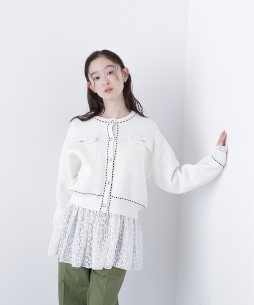 N.（N. Natural Beauty Basic）（エヌエヌナチュラルビューティーベーシック）の「ステッチニットジャケット（カーディガン/ボレロ・レディース・オフホワイト/レッド/ブラック・ﾌﾘ-）」の4枚目の写真