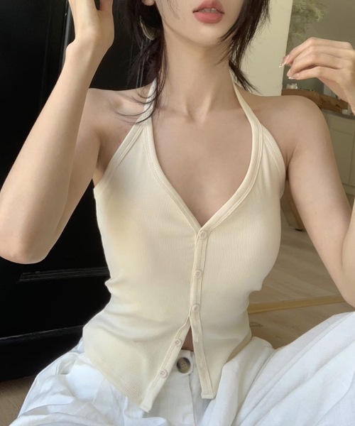 Lace Ladies(レースレディース)の「ソリッドカラー ホルター Vネック カップ付き トップス(キャミソール・レディース・ホワイト/グレー/ブラック/アイボリー・FREE)」の3枚目の写真