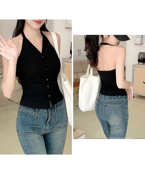 Lace Ladies(レースレディース)の「ソリッドカラー ホルター Vネック カップ付き トップス(キャミソール・レディース・ホワイト/グレー/ブラック/アイボリー・FREE)」の6枚目の写真