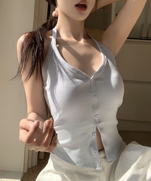 Lace Ladies(レースレディース)の「ソリッドカラー ホルター Vネック カップ付き トップス(キャミソール・レディース・ホワイト/グレー/ブラック/アイボリー・FREE)」の10枚目の写真