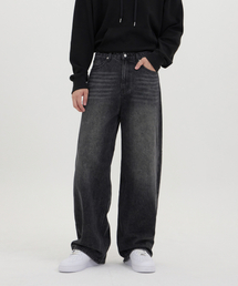 ACSHI（アクシ）の「立体曲線バックフラップポケットバルーンフィットワイドデニムパンツユニセックス（ブラック）（デニムパンツ）」