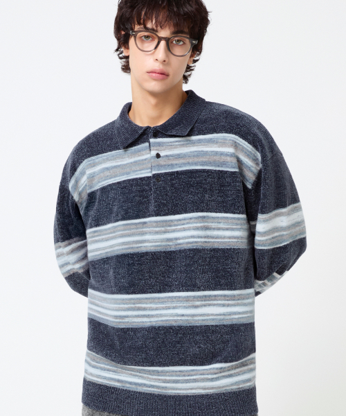 TRILLION(トリリオン)の「グラデーションストライプベルベットカラー ニット_ネイビー(ニット/セーター・メンズ・その他・L/XL/M)」の2枚目の写真