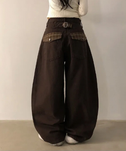 セール】チェックベルト切替 裏起毛カーブワイドデニムパンツ（デニム