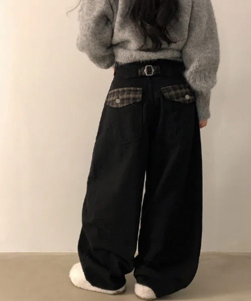セール】チェックベルト切替 裏起毛カーブワイドデニムパンツ（デニム