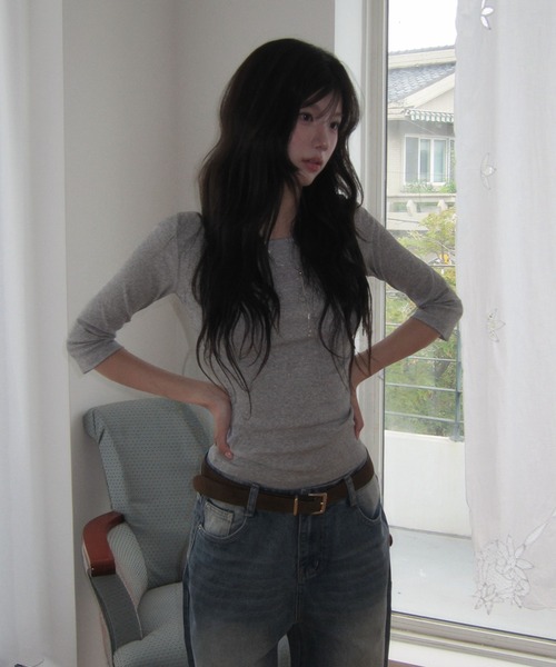 modimood（モディムード）の「[MADE] MOMU BASIC デイリー華奢見えネック7分袖Tシャツ（Tシャツ/カットソー・レディース・アイボリー/ネイビー/グレー・FREE/2/1）」の12枚目の写真