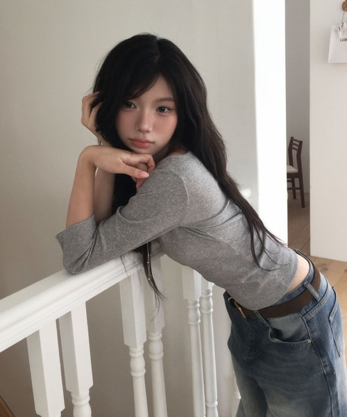 modimood（モディムード）の「[MADE] MOMU BASIC デイリー華奢見えネック7分袖Tシャツ（Tシャツ/カットソー・レディース・アイボリー/ネイビー/グレー・FREE/2/1）」の7枚目の写真