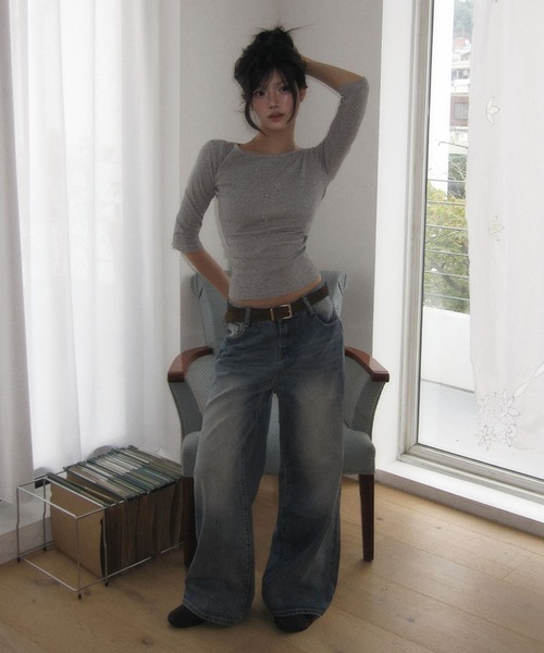 modimood（モディムード）の「[MADE] MOMU BASIC デイリー華奢見えネック7分袖Tシャツ（Tシャツ/カットソー・レディース・アイボリー/ネイビー/グレー・FREE/2/1）」の15枚目の写真