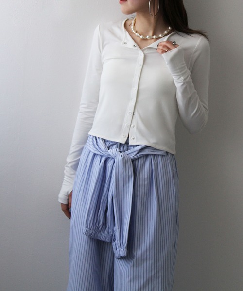 bohmal（ボマール）の「【接触冷感】【UVカット】【抗菌防臭】バンブークルーネックカーディガン（カーディガン/ボレロ・レディース・レッド/ホワイト・FREE）」の4枚目の写真