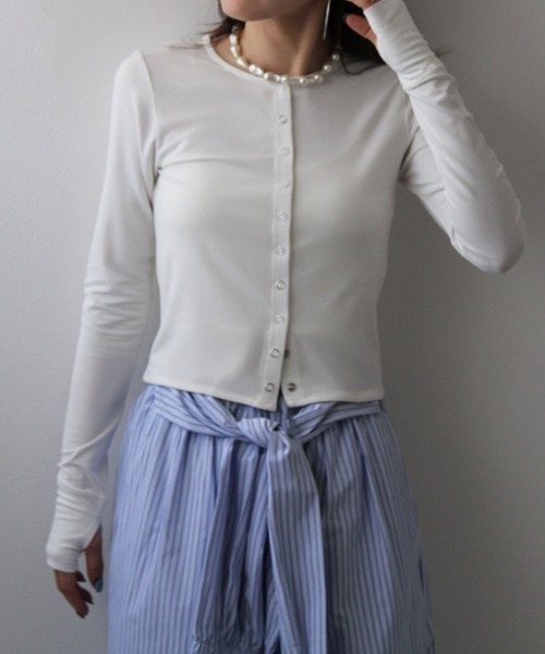 bohmal（ボマール）の「【接触冷感】【UVカット】【抗菌防臭】バンブークルーネックカーディガン（カーディガン/ボレロ・レディース・レッド/ホワイト・FREE）」の6枚目の写真