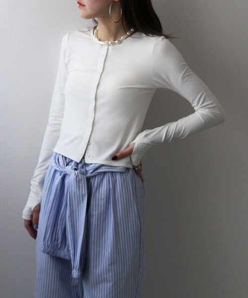 bohmal（ボマール）の「【接触冷感】【UVカット】【抗菌防臭】バンブークルーネックカーディガン（カーディガン/ボレロ・レディース・レッド/ホワイト・FREE）」の7枚目の写真