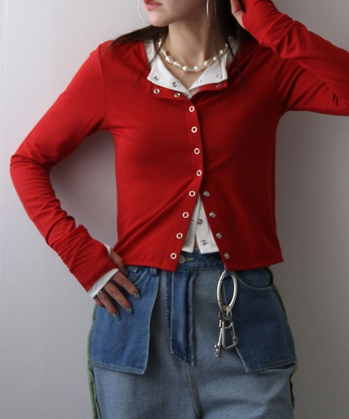 bohmal（ボマール）の「【接触冷感】【UVカット】【抗菌防臭】バンブークルーネックカーディガン（カーディガン/ボレロ・レディース・レッド/ホワイト・FREE）」の11枚目の写真