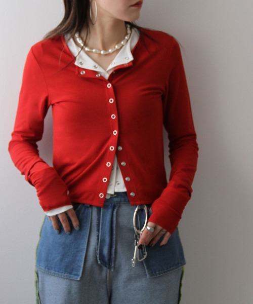 bohmal（ボマール）の「【接触冷感】【UVカット】【抗菌防臭】バンブークルーネックカーディガン（カーディガン/ボレロ・レディース・レッド/ホワイト・FREE）」の12枚目の写真