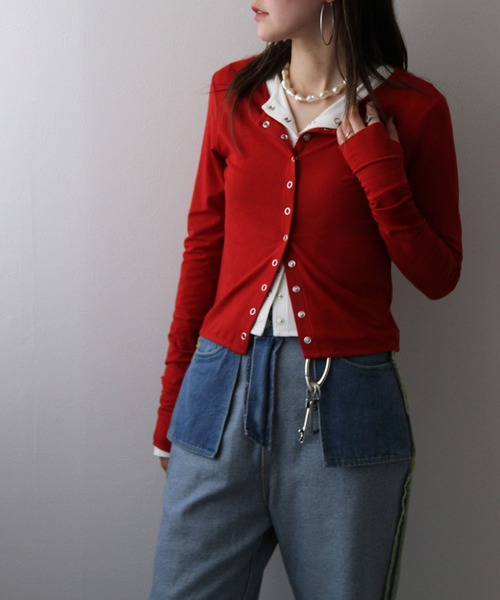 bohmal（ボマール）の「【接触冷感】【UVカット】【抗菌防臭】バンブークルーネックカーディガン（カーディガン/ボレロ・レディース・レッド/ホワイト・FREE）」の14枚目の写真