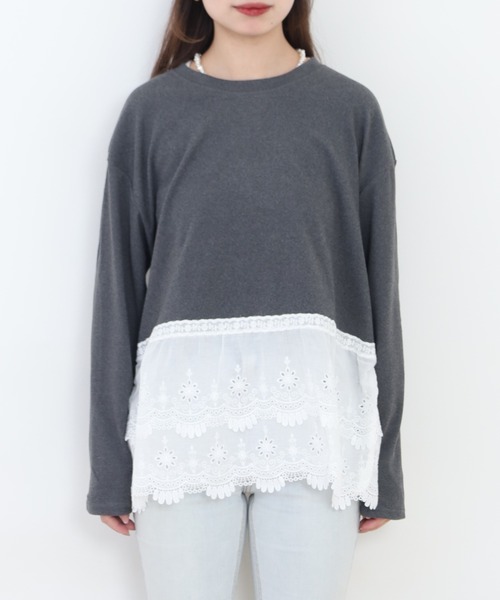 RME.(アールエムイー)の「裾レースプルオーバー 長袖Tシャツ(Tシャツ/カットソー・レディース・グレー/ホワイト・L/M)」の6枚目の写真