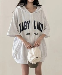 SEU（エスイーユー）の「【韓国ストリート風】ロゴ入り ジップアップパーカー 夏 着回し力バツグン！ショート丈 前面ポケット付き  パーカー 【半袖】 夏服 オーバーサイズロゴフーディー きれいめカジュアル（パーカー）」