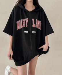 SEU（エスイーユー）の「【韓国ストリート風】ロゴ入り ジップアップパーカー 夏 着回し力バツグン！ショート丈 前面ポケット付き  パーカー 【半袖】 夏服 オーバーサイズロゴフーディー きれいめカジュアル（パーカー）」