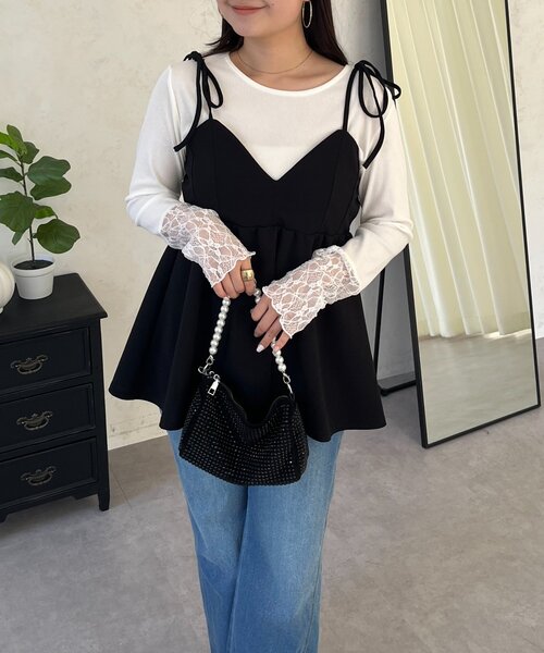 prose verse（プロズヴェール）の「袖レース切替トップス（Tシャツ/カットソー・レディース・ブラック/アイボリー/オフホワイト・MEDIUM/LARGE）」の4枚目の写真