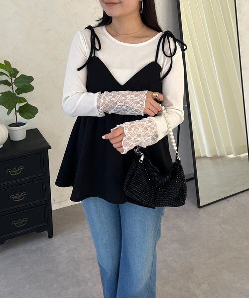 prose verse（プロズヴェール）の「袖レース切替トップス（Tシャツ/カットソー・レディース・ブラック/アイボリー/オフホワイト・MEDIUM/LARGE）」の5枚目の写真