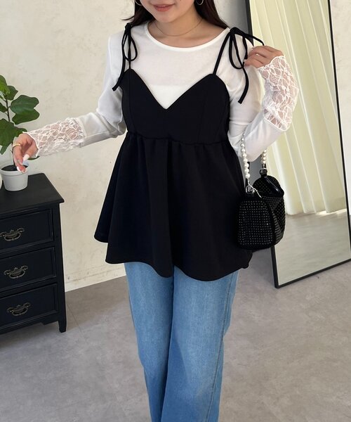 prose verse（プロズヴェール）の「袖レース切替トップス（Tシャツ/カットソー・レディース・ブラック/アイボリー/オフホワイト・MEDIUM/LARGE）」の6枚目の写真