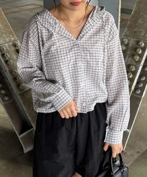 ISOOK | 【ISOOK / アイスー】フード付きチェックシャツ / フード付きシャツ クロップド丈 ショート丈 カーディガン 羽織り 春服 ホワイト ブラック ZOZOTOWN限定(シャツ/ブラウス)