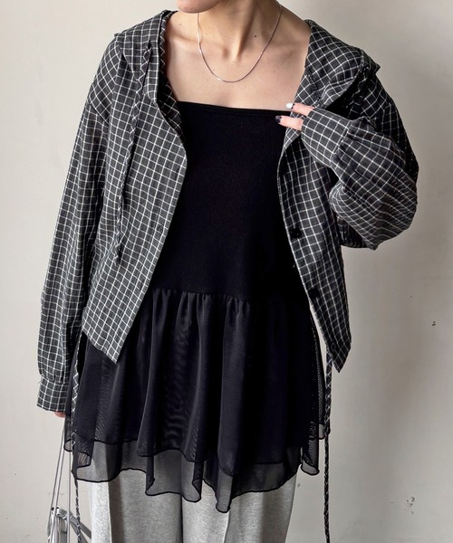 ISOOK（アイスー）の「【ISOOK / アイスー】フード付きチェックシャツ / フード付きシャツ クロップド丈 ショート丈 カーディガン 羽織り 春服 ホワイト ブラック ZOZOTOWN限定（シャツ/ブラウス・レディース・ブラック/ホワイト・FREE）」の20枚目の写真