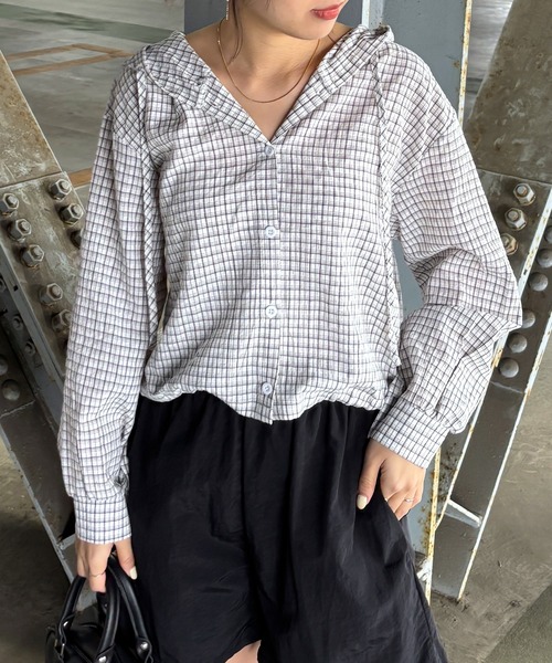 ISOOK（アイスー）の「【ISOOK / アイスー】フード付きチェックシャツ / フード付きシャツ クロップド丈 ショート丈 カーディガン 羽織り 春服 ホワイト ブラック ZOZOTOWN限定（シャツ/ブラウス・レディース・ブラック/ホワイト・FREE）」の6枚目の写真
