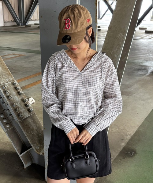 ISOOK（アイスー）の「【ISOOK / アイスー】フード付きチェックシャツ / フード付きシャツ クロップド丈 ショート丈 カーディガン 羽織り 春服 ホワイト ブラック ZOZOTOWN限定（シャツ/ブラウス・レディース・ブラック/ホワイト・FREE）」の5枚目の写真