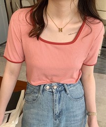 配色スクエアネックトップス《春夏/レディース/パイピング/Tシャツ/ショート/ミニ》