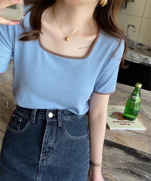 mielu(ミエル)の「配色スクエアネックトップス《春夏/レディース/パイピング/Tシャツ/ショート/ミニ》(ニット/セーター・レディース・ピンク/ブルー/ブラック/ベージュ/ホワイト・LARGE/MEDIUM)」の1枚目の写真