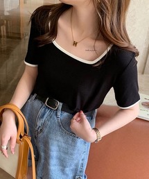 配色スクエアネックトップス《春夏/レディース/パイピング/Tシャツ/ショート/ミニ》