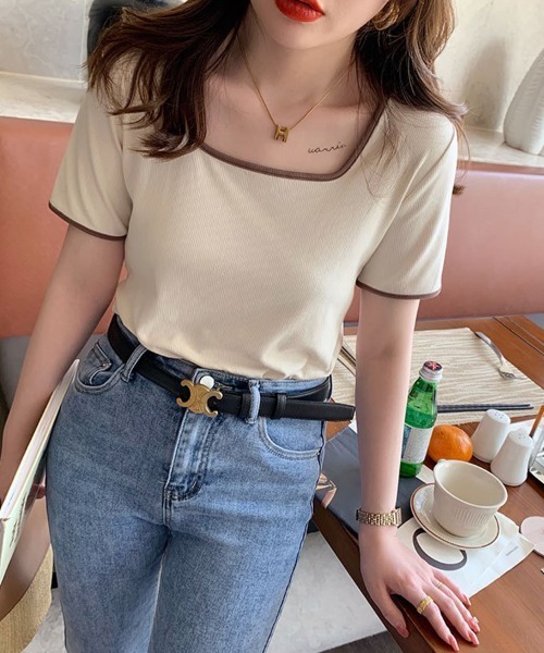 mielu(ミエル)の「配色スクエアネックトップス《春夏/レディース/パイピング/Tシャツ/ショート/ミニ》(ニット/セーター・レディース・ピンク/ブルー/ブラック/ベージュ/ホワイト・LARGE/MEDIUM)」の11枚目の写真