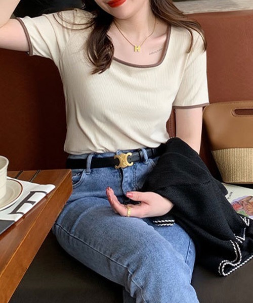 mielu(ミエル)の「配色スクエアネックトップス《春夏/レディース/パイピング/Tシャツ/ショート/ミニ》(ニット/セーター・レディース・ピンク/ブルー/ブラック/ベージュ/ホワイト・LARGE/MEDIUM)」の12枚目の写真