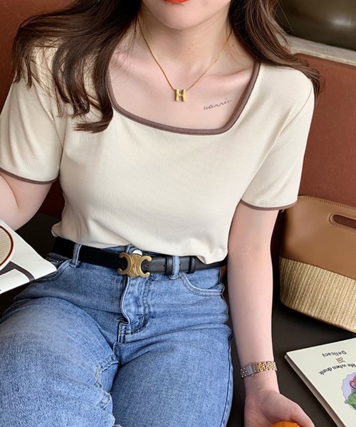 mielu(ミエル)の「配色スクエアネックトップス《春夏/レディース/パイピング/Tシャツ/ショート/ミニ》(ニット/セーター・レディース・ピンク/ブルー/ブラック/ベージュ/ホワイト・LARGE/MEDIUM)」の13枚目の写真