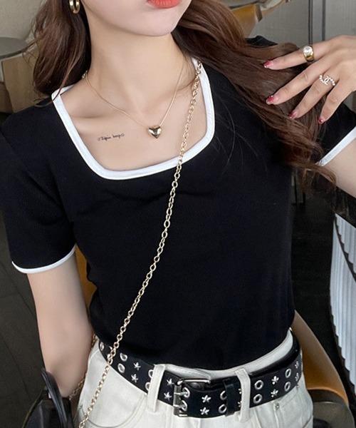 mielu(ミエル)の「配色スクエアネックトップス《春夏/レディース/パイピング/Tシャツ/ショート/ミニ》(ニット/セーター・レディース・ピンク/ブルー/ブラック/ベージュ/ホワイト・LARGE/MEDIUM)」の20枚目の写真