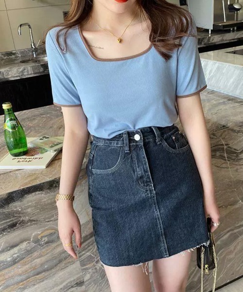 mielu(ミエル)の「配色スクエアネックトップス《春夏/レディース/パイピング/Tシャツ/ショート/ミニ》(ニット/セーター・レディース・ピンク/ブルー/ブラック/ベージュ/ホワイト・LARGE/MEDIUM)」の14枚目の写真
