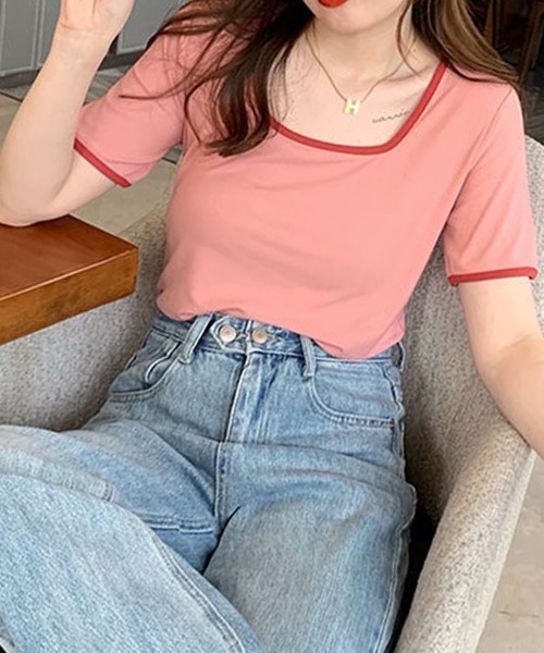 mielu(ミエル)の「配色スクエアネックトップス《春夏/レディース/パイピング/Tシャツ/ショート/ミニ》(ニット/セーター・レディース・ピンク/ブルー/ブラック/ベージュ/ホワイト・LARGE/MEDIUM)」の7枚目の写真